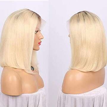 LBE Human Hair Lace Front Wigs for Women, Pre-plucked & Bleached Knots Natural Hairline with Baby Hair, 4T613 Blonde Ombre Short Bob Wigs (4T613, 10inches)