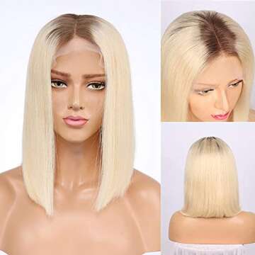 LBE Human Hair Lace Front Wigs for Women, Pre-plucked & Bleached Knots Natural Hairline with Baby Hair, 4T613 Blonde Ombre Short Bob Wigs (4T613, 10inches)