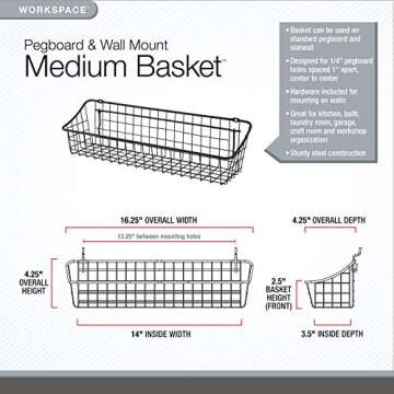 Spectrum Diversified Pegboard & Wall Mount Basket - 16" x 4" x 4", Industrial Gray