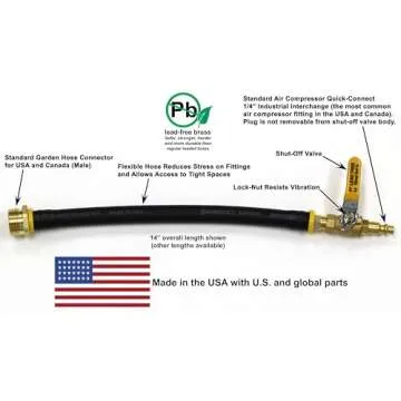 Vibrant Yard Co. LLC Winterize RV, Motorhome, Boat, Camper, and Travel Trailer: Air Compressor Quick-Connect Plug to Male Garden Hose Faucet Blow Out Adapter with Valve, 14" Long, Lead-Free