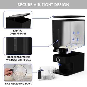 Retail Blade Rice Dispenser - 26.5 lbs Rice Storage Container with Measuring Cup, Rice Scoop & Sponge – Large Cereal Grain Bucket with Scale for Kitchen Pantry Organization, BPA-free, Airtight (Black)