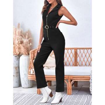 PLNOTME Women's Sleeveless Denim Jumpsuits Zip Up Belted Straight Leg Jeans Long Rompers