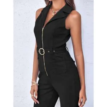 PLNOTME Women's Sleeveless Denim Jumpsuits Zip Up Belted Straight Leg Jeans Long Rompers