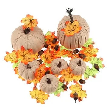 Kepfire 6 Pcs Fall Autumn Harvest Artificial Pumpkin Decoration Fake Handmade Linen Fabric Simulation Cushaw Decorating Home Party Ornament - Brown