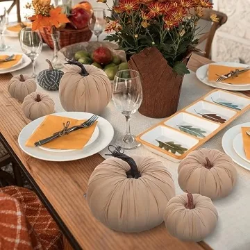Kepfire 6 Pcs Fall Autumn Harvest Artificial Pumpkin Decoration Fake Handmade Linen Fabric Simulation Cushaw Decorating Home Party Ornament - Brown