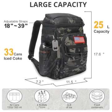 Tactical Backpack Cooler, 25L Cooler Backpack Insulated Leak-Proof, Heavy Duty Large Lunch Backpack, Waterproof Ice Chest Backpack for Men Women Adults Work Daytrip Camping Beach Hiking Accessories