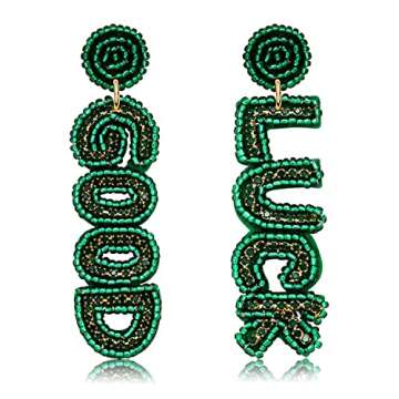St. Patrick's Day Earrings Beaded Green Leaf Earring for Women Handmade Lucky Shamrock Hat Drop Dang...