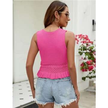 CiCiBird Cute Crop Sweater Vest Knit Sleeveless Pullover Tops - Ruffle Hem Style in Rose Red