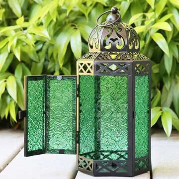 VELA LANTERNS Moroccan Candle Lantern Decorative Set of 3 for Floor, Ramadan Decorations, Indoor Home Decor, Outdoor Patio or Porch, Halloween, Weddings, Green