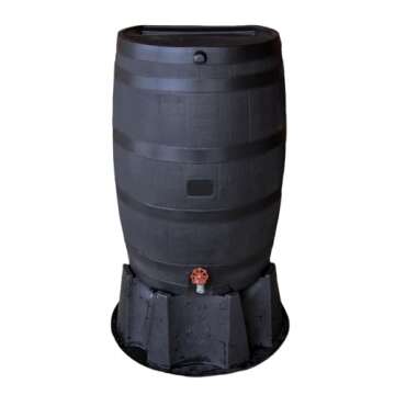 RTS Home Accents 50-Gallon ECO Rain Barrel Made with 100% Recycled Plastic, Flat Back Rain Water Collection Barrel, Stand Included, Black