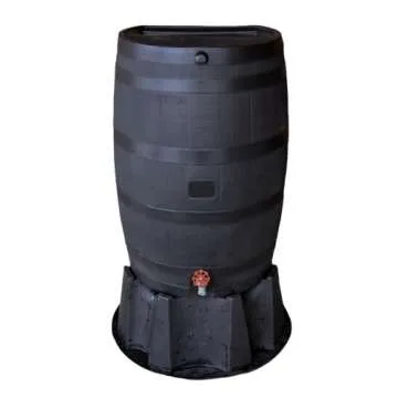 RTS Home Accents 50-Gallon ECO Rain Barrel Made with 100% Recycled Plastic, Flat Back Rain Water Collection Barrel, Stand Included, Black