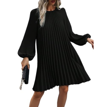 SweatyRocks Women's Lantern Long Sleeve Round Neck Solid Dress Casual Pleated Tunic Mini Dress Black...