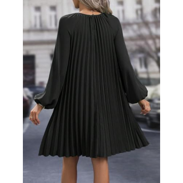 SweatyRocks Women's Lantern Long Sleeve Round Neck Solid Dress Casual Pleated Tunic Mini Dress Black Small