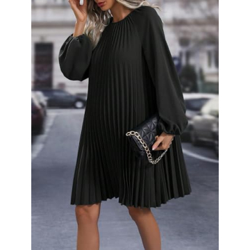 SweatyRocks Women's Lantern Long Sleeve Round Neck Solid Dress Casual Pleated Tunic Mini Dress Black Small