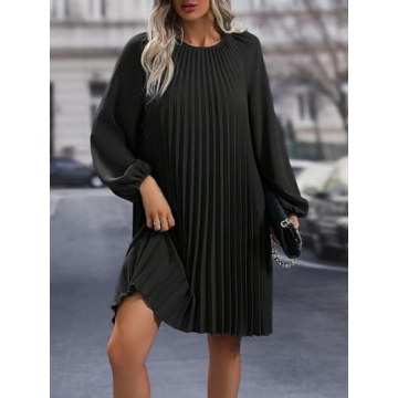 SweatyRocks Women's Lantern Long Sleeve Round Neck Solid Dress Casual Pleated Tunic Mini Dress Black Small