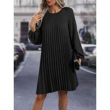 SweatyRocks Women's Lantern Long Sleeve Round Neck Solid Dress Casual Pleated Tunic Mini Dress Black Small