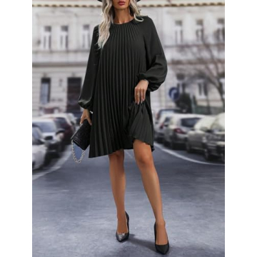 SweatyRocks Women's Lantern Long Sleeve Round Neck Solid Dress Casual Pleated Tunic Mini Dress Black Small