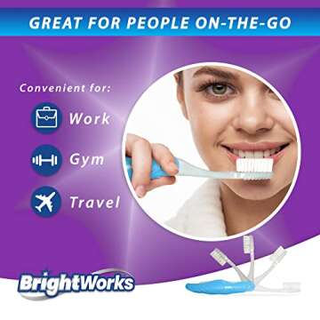 BrightWorks Folding Travel Toothbrush (6 Total, 3 Sets of 2) with Built-in Cover. Portable with Soft Bristles and Tongue Cleaner. for Camping, Hiking, Travel, Work, Gym, Purse, Backpack.