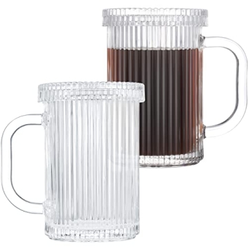 2 Pieces Clear Glass Coffee Mugs with Glass Lids Vintage Vertical Stripes Tea Mug Classic Ribbed Gla...