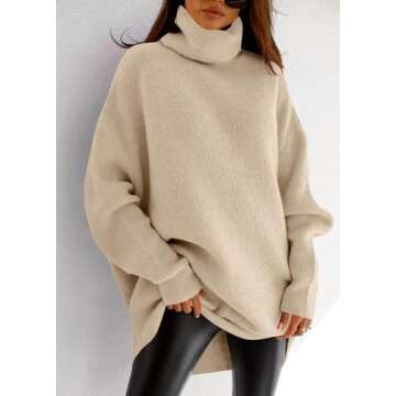 imesrun Womens Turtleneck Oversized Sweater Batwing Chunky Pullover Sweater Casual Fall Loose Knit Jumper Top Beige