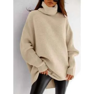 imesrun Womens Turtleneck Oversized Sweater Batwing Chunky Pullover Sweater Casual Fall Loose Knit Jumper Top Beige