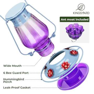 Kingsyard Glass Hummingbird Feeder for Outdoors Hanging - Vintage Lantern Style Leak-Proof Humming Bird Nectar Feeder with 6 Feeding Ports & Ant Moat for Outdoor Garden Décor, 21 Ounce, Purple