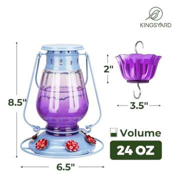 Kingsyard Glass Hummingbird Feeder for Outdoors Hanging - Vintage Lantern Style Leak-Proof Humming Bird Nectar Feeder with 6 Feeding Ports & Ant Moat for Outdoor Garden Décor, 21 Ounce, Purple