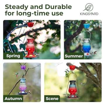 Kingsyard Glass Hummingbird Feeder for Outdoors Hanging - Vintage Lantern Style Leak-Proof Humming Bird Nectar Feeder with 6 Feeding Ports & Ant Moat for Outdoor Garden Décor, 21 Ounce, Purple