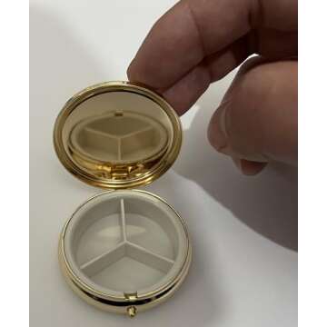 Happy Pills Pill Organizer Cute Metal Pill Case Travel Friendly Portable Compact Pill Box Pill Container to Hold Tylenol/Vitamins/Supplements/Meds/Tablet for Purse/Pocket(Round,Upgraded with Mirror)