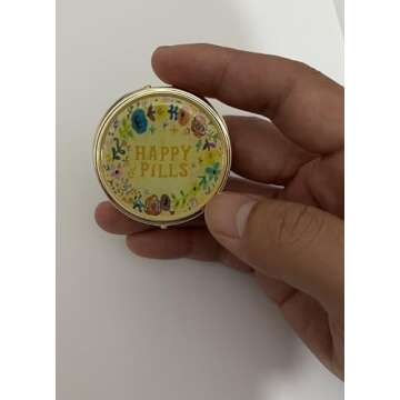 Happy Pills Pill Organizer Cute Metal Pill Case Travel Friendly Portable Compact Pill Box Pill Container to Hold Tylenol/Vitamins/Supplements/Meds/Tablet for Purse/Pocket(Round,Upgraded with Mirror)