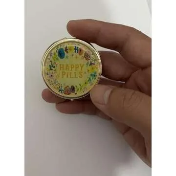 Happy Pills Pill Organizer Cute Metal Pill Case Travel Friendly Portable Compact Pill Box Pill Container to Hold Tylenol/Vitamins/Supplements/Meds/Tablet for Purse/Pocket(Round,Upgraded with Mirror)
