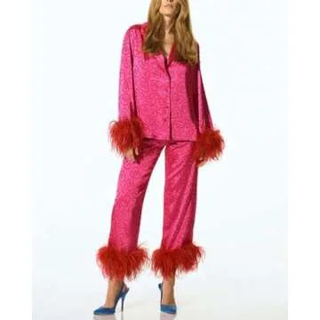 Yiulangde Galentines Pink Silk Heart Pajamas for Women Feather Trim Sexy Long Sleeve Satin Pjs Coque...