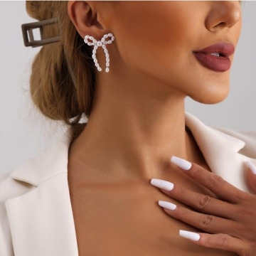 TONLUYAX Pearl Bow Earrings for Women Pearl Drop Earrings Bow Knot Dangle Earrings Bow Stud Earrings Trendy Jewelry