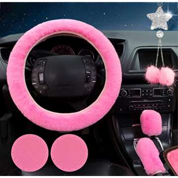 JINGSEN 9 Pieces Fluffy Car Accessories Set - Soft Steering Wheel & Bling Trim