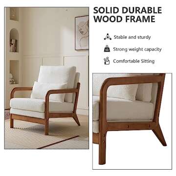 Hommoo Mid Century Modern Accent Chair Teddy Sherpa Upholstered Armchair Cream Accent Chair for Living Room Bedroom Comfortable Leisure Chair with Wood Frame White
