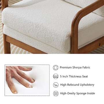 Hommoo Mid Century Modern Accent Chair Teddy Sherpa Upholstered Armchair Cream Accent Chair for Living Room Bedroom Comfortable Leisure Chair with Wood Frame White