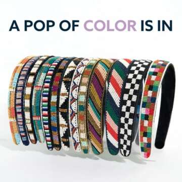 INK + ALLOY Beaded Headband for Women, Sadie Thin Luxe Bead Jeweled Boho Headbands for Teachers, Handmade Hair Accessories for the Modern Bohemian (Rainbow Gold)