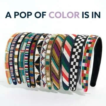 INK + ALLOY Beaded Headband for Women, Sadie Thin Luxe Bead Jeweled Boho Headbands for Teachers, Handmade Hair Accessories for the Modern Bohemian (Rainbow Gold)