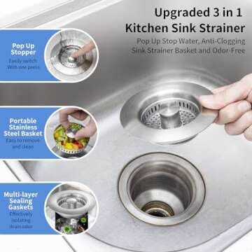 Upgraded 3 in 1 Kitchen Sink Drain Strainer - Stainless Steel Sink Stopper, Anti-Clogging Sink Food ...