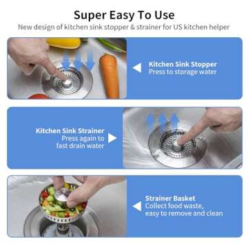 Upgraded 3 in 1 Kitchen Sink Drain Strainer - Stainless Steel Sink Stopper, Anti-Clogging Sink Food Catcher Basket, Fast Drainage Odor Filter Sink Plug for US Standard 3 1/2 inch Drain (Silver-2Pack)