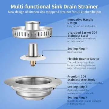 3 in 1 Kitchen Sink Drain Strainer - Stainless Steel Stopper