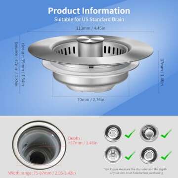 Upgraded 3 in 1 Kitchen Sink Drain Strainer - Stainless Steel Sink Stopper, Anti-Clogging Sink Food Catcher Basket, Fast Drainage Odor Filter Sink Plug for US Standard 3 1/2 inch Drain (Silver-2Pack)