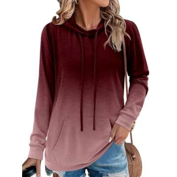 onlypuff Ombre Hoodie Sweatshirt for Women Tie Dye Kangaroo Pocket Tunic Tops Red L