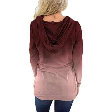 onlypuff Ombre Hoodie Sweatshirt for Women Tie Dye Kangaroo Pocket Tunic Tops Red L