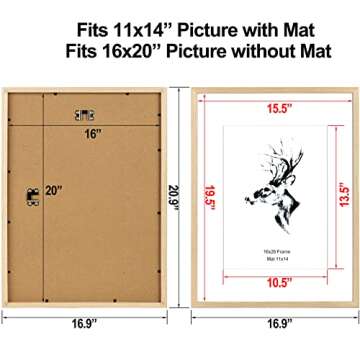 Yaetm 16x20 Picture Frame Matted to 11x14 Set of 2, Solid Oak Wood Poster Frame 16 x 20 inches, Wall...