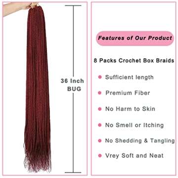36 Inch Crochet Box Braids 8 Packs Box Braids Crochet Hair Pre Looped Goddess Box Braids Crochet Hair Burgundy Crochet Braids Box Braids Long Crochet Hair for Black Women