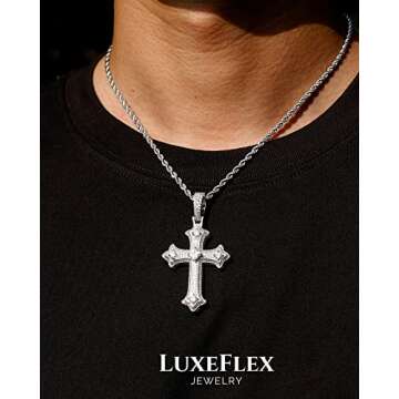LuxeFlex Gothic Iced Out Diamond Jesus Cross Necklace with 24" Stainless Steel Rope Chain, 14K Gold ...