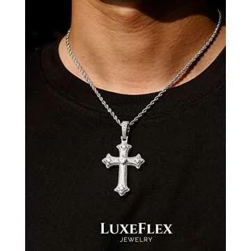 LuxeFlex Gothic Iced Out Diamond Jesus Cross Necklace with 24" Stainless Steel Rope Chain, 14K Gold ...