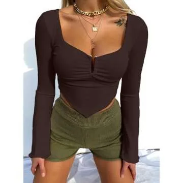 Avanova Women's Long Sleeve Knit Ribbed Crop Top Ruched Front Square Neck Asymmetrical Hem Tees Shirt Brown Medium