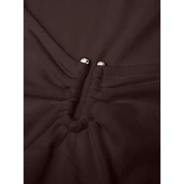 Avanova Women's Long Sleeve Knit Ribbed Crop Top Ruched Front Square Neck Asymmetrical Hem Tees Shirt Brown Medium